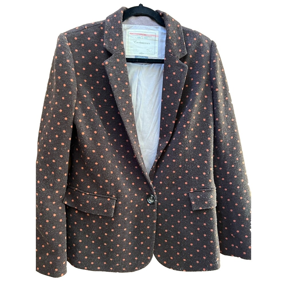 Anthropologie Cartonnier Blazer Jacket brown size medium pink polka dot Button